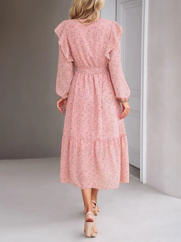 Floral Ruffle Belted Surplice Midi Dress with Long Sleeve