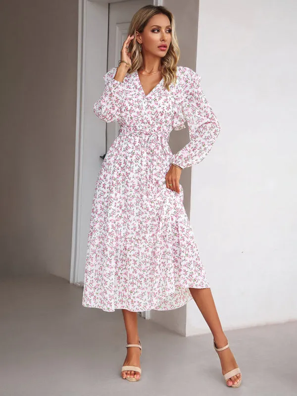 Floral Ruffle Belted Surplice Midi Dress with Long Sleeve