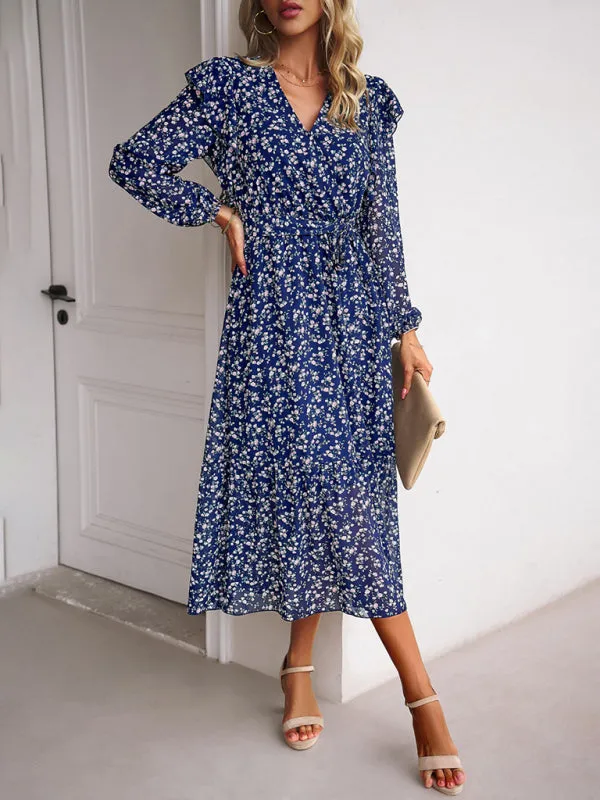 Floral Ruffle Belted Surplice Midi Dress with Long Sleeve