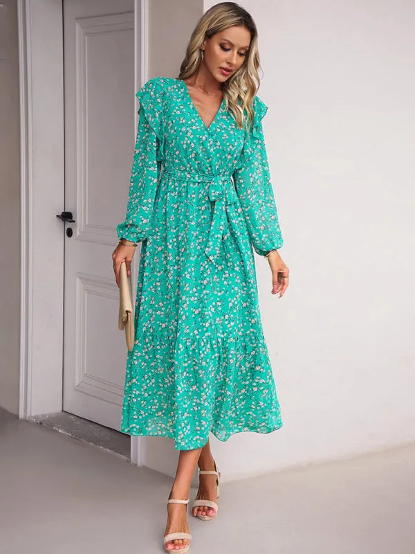 Floral Ruffle Belted Surplice Midi Dress with Long Sleeve