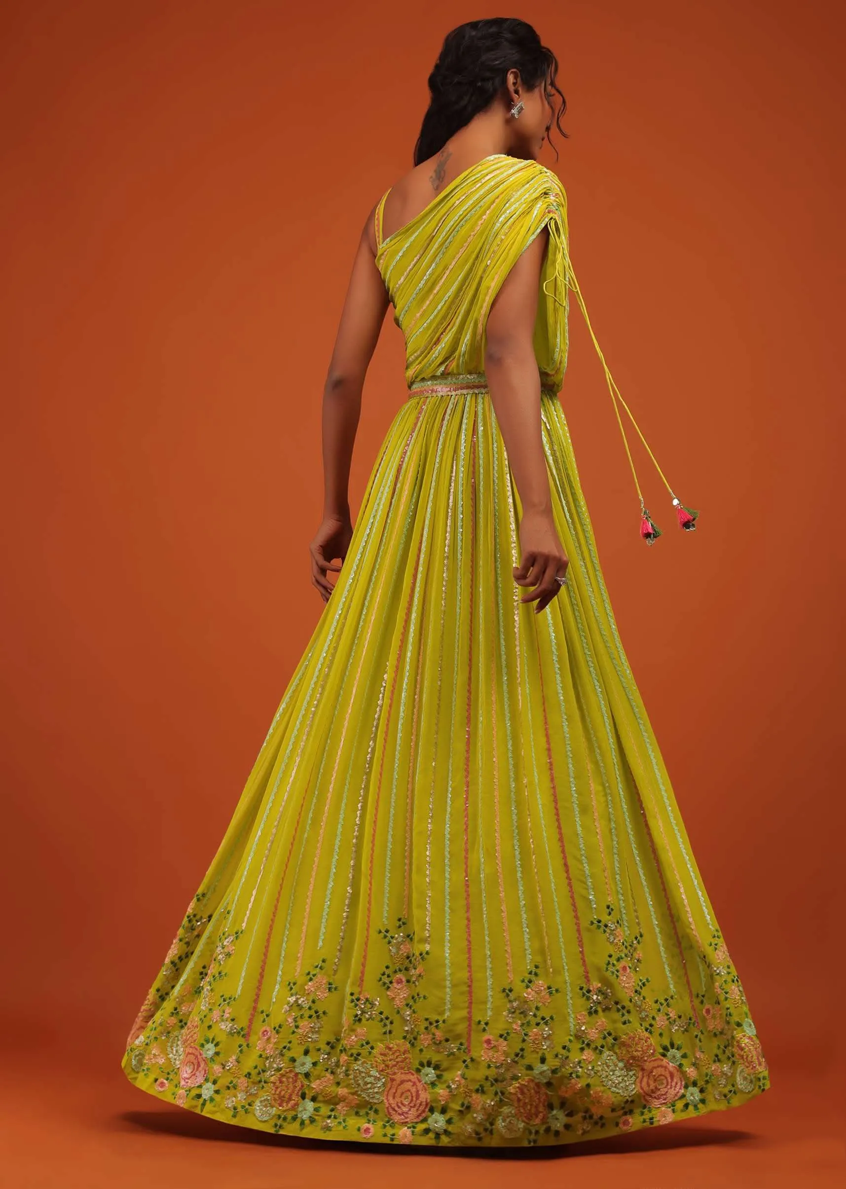 Green Indo Western Gown In Georgette With Multi Color Floral Embroidery