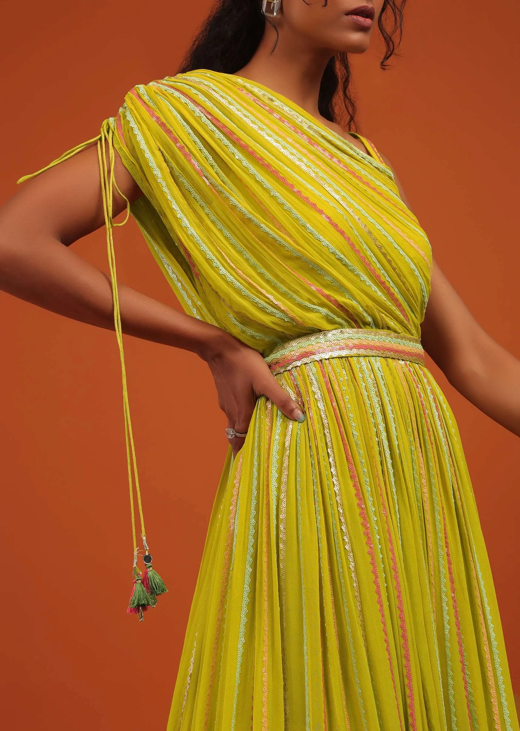 Green Indo Western Gown In Georgette With Multi Color Floral Embroidery