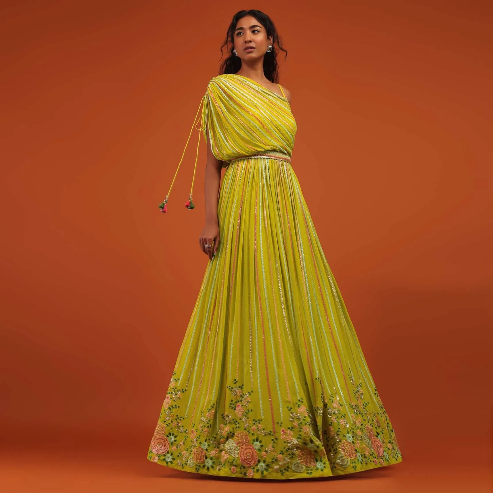 Green Indo Western Gown In Georgette With Multi Color Floral Embroidery