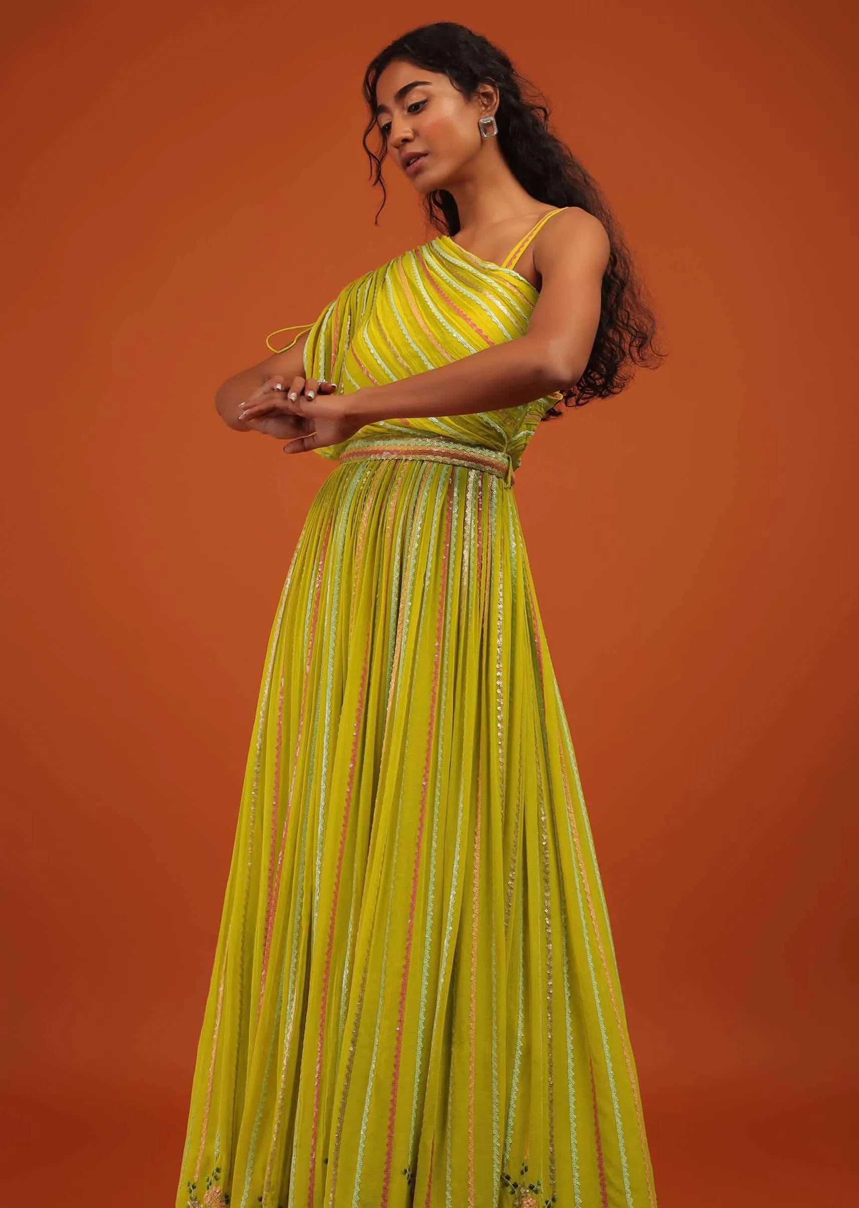 Green Indo Western Gown In Georgette With Multi Color Floral Embroidery