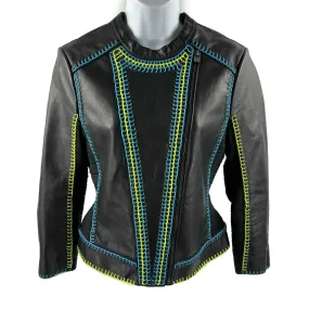 Herve Leger - Black Moto Biker Contrast Stitch Leather Jacket - Size Small S