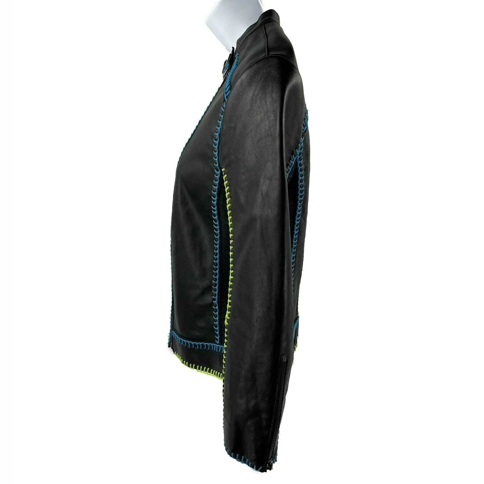 Herve Leger - Black Moto Biker Contrast Stitch Leather Jacket - Size Small S