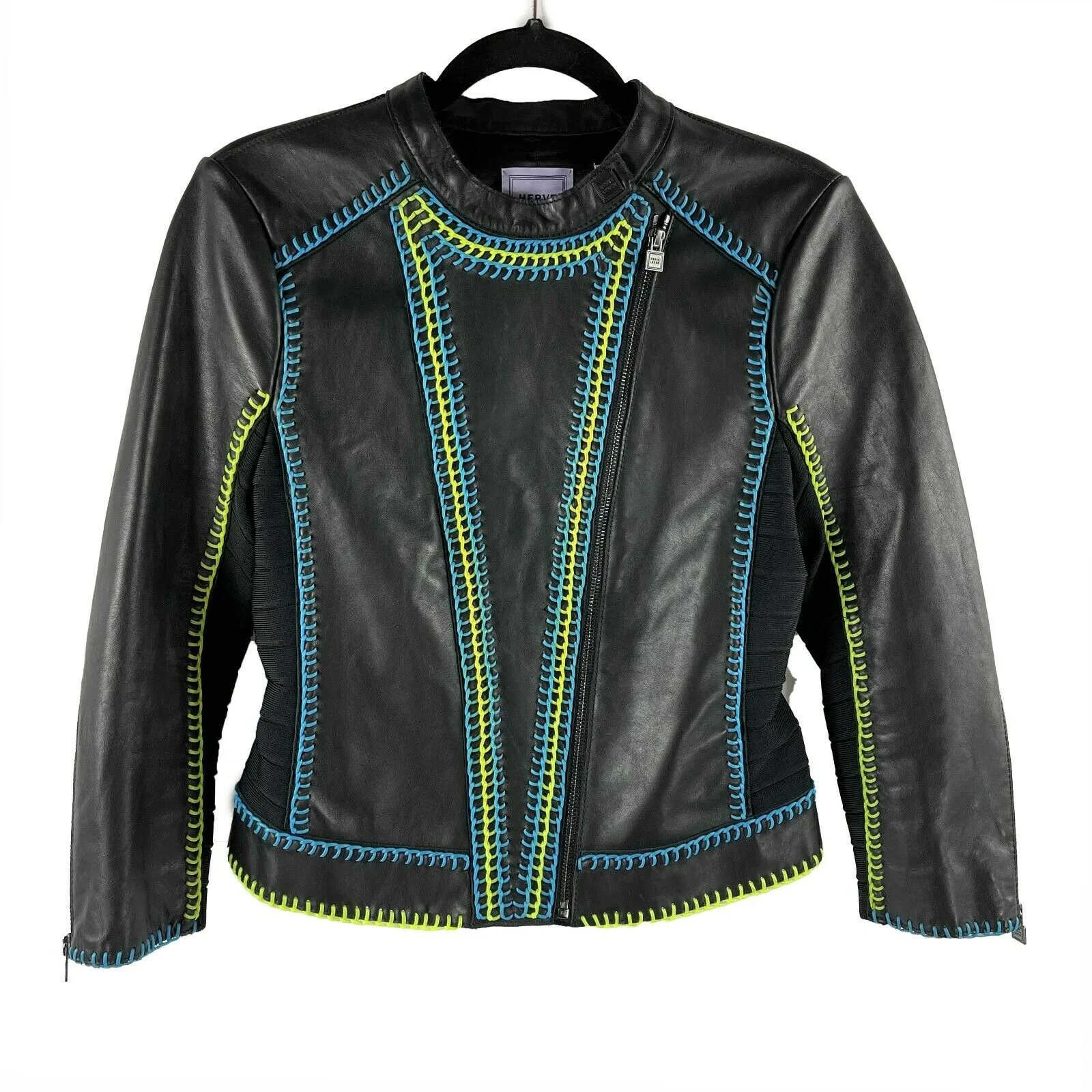 Herve Leger - Black Moto Biker Contrast Stitch Leather Jacket - Size Small S