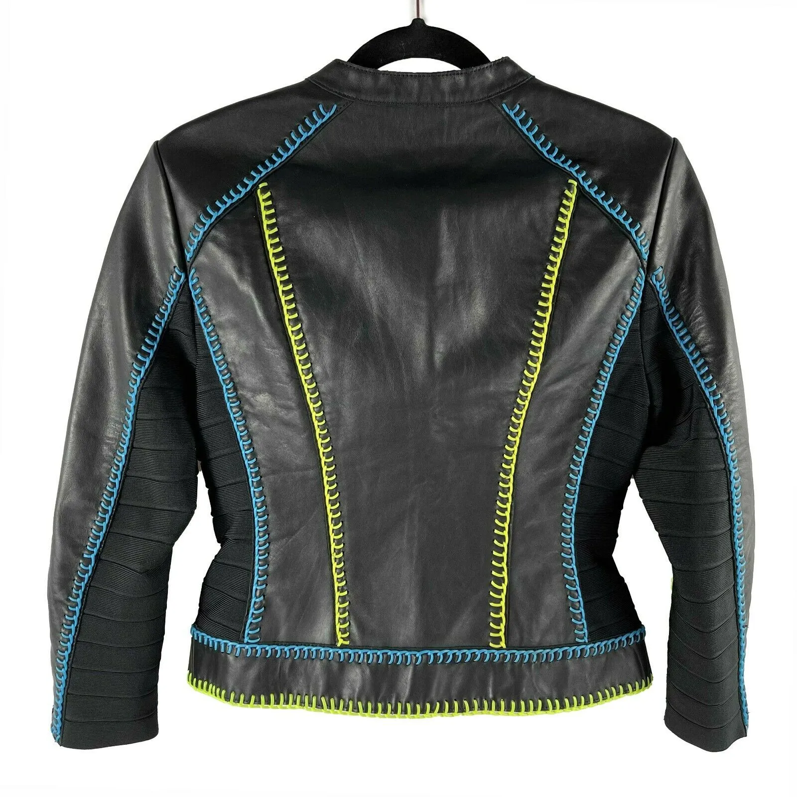 Herve Leger - Black Moto Biker Contrast Stitch Leather Jacket - Size Small S