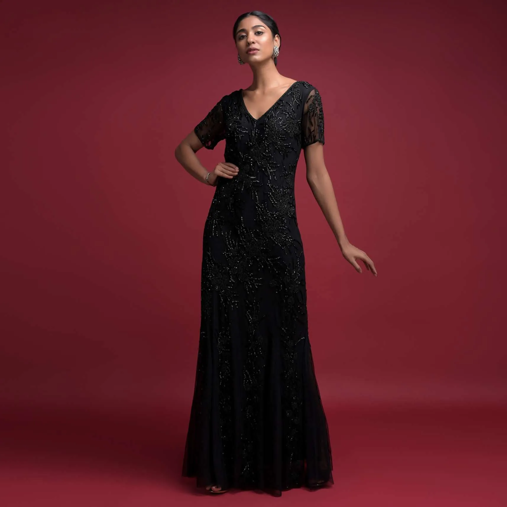 Ink Black Fish Cut Gown In Net With Embellished Floral Pattern Online - Kalki Fashion