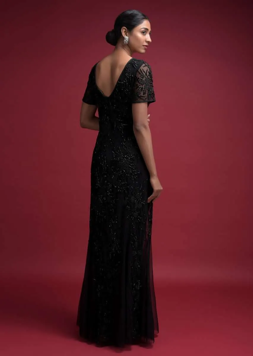Ink Black Fish Cut Gown In Net With Embellished Floral Pattern Online - Kalki Fashion