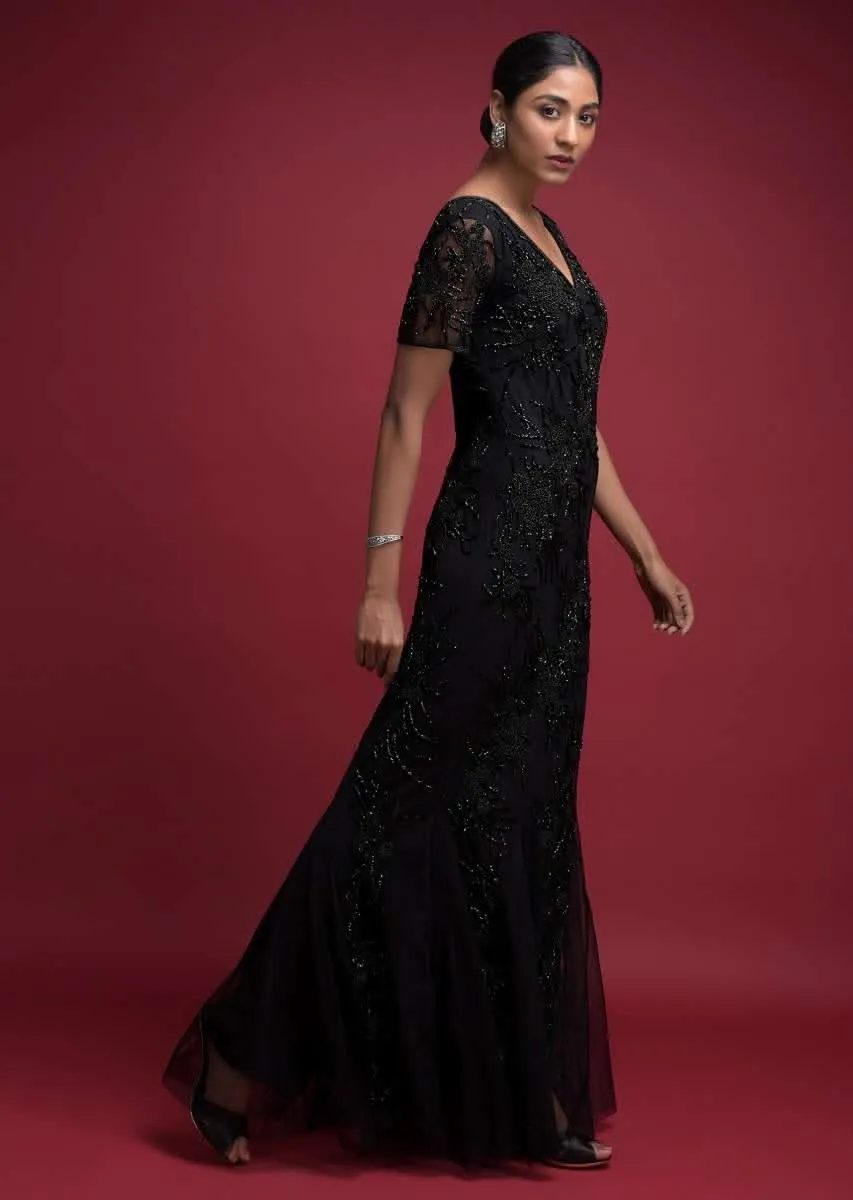 Ink Black Fish Cut Gown In Net With Embellished Floral Pattern Online - Kalki Fashion