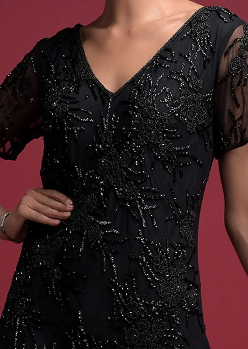Ink Black Fish Cut Gown In Net With Embellished Floral Pattern Online - Kalki Fashion