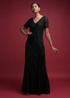 Ink Black Fish Cut Gown In Net With Embellished Floral Pattern Online - Kalki Fashion