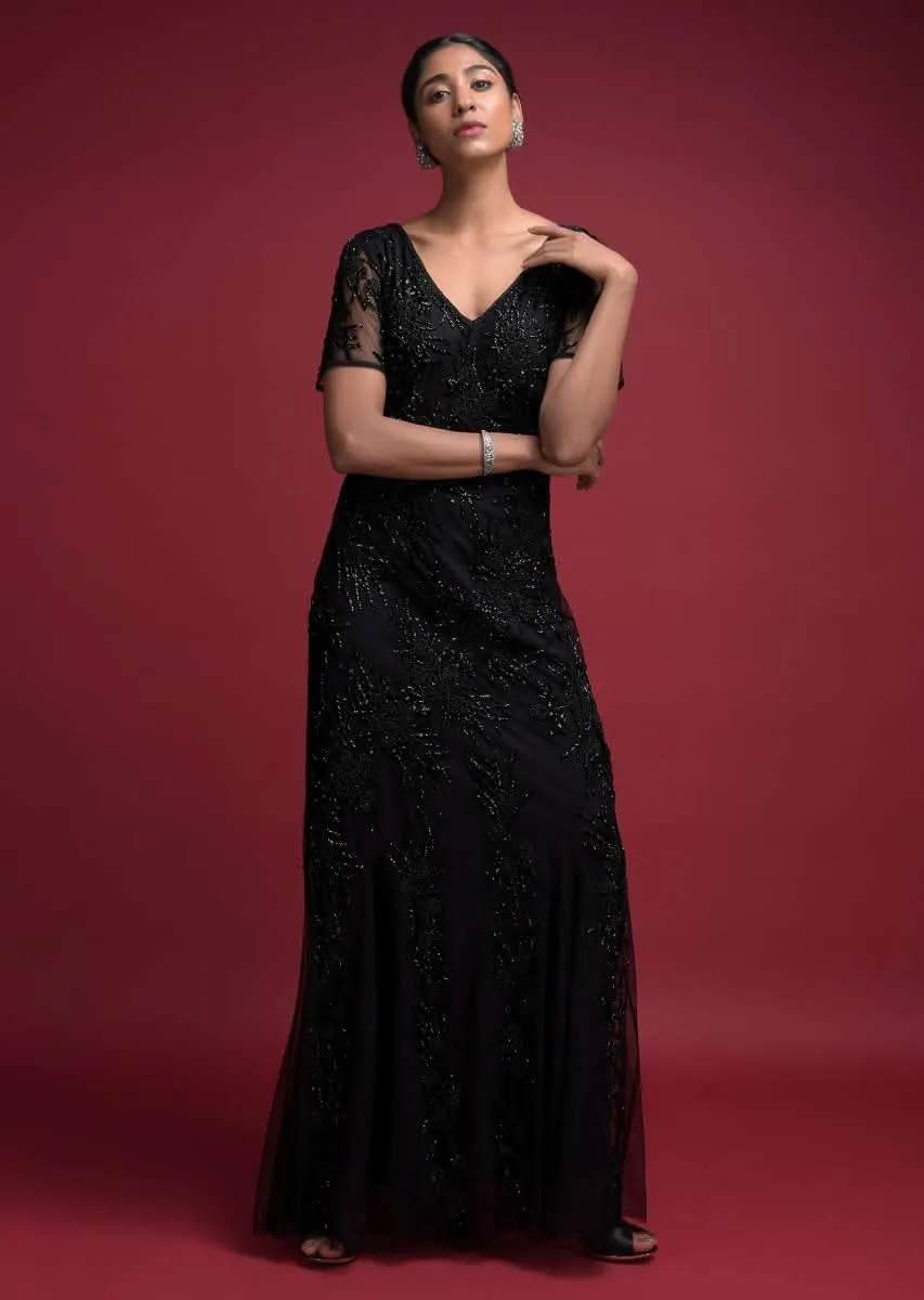 Ink Black Fish Cut Gown In Net With Embellished Floral Pattern Online - Kalki Fashion