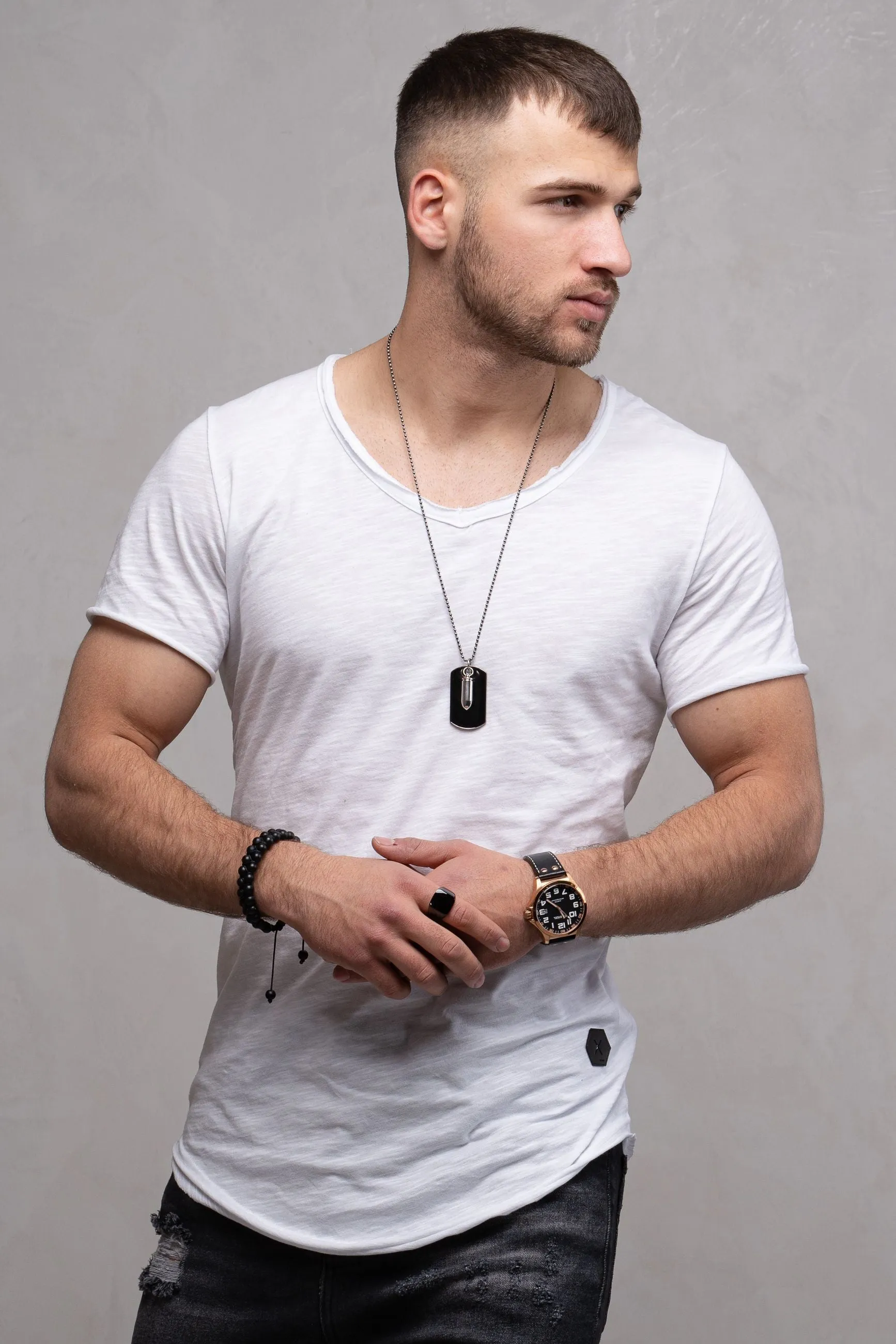 Longline T-Shirt V-Neck Weiß 7102