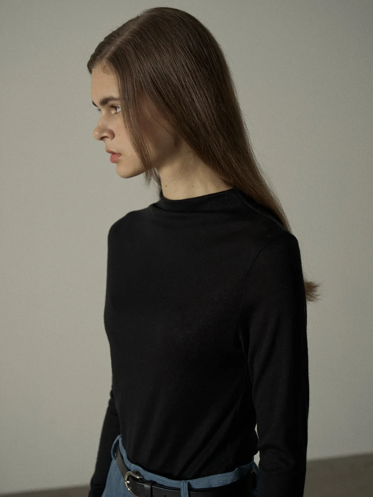 Mock Neck Tencel-Wool Blend Top - Black