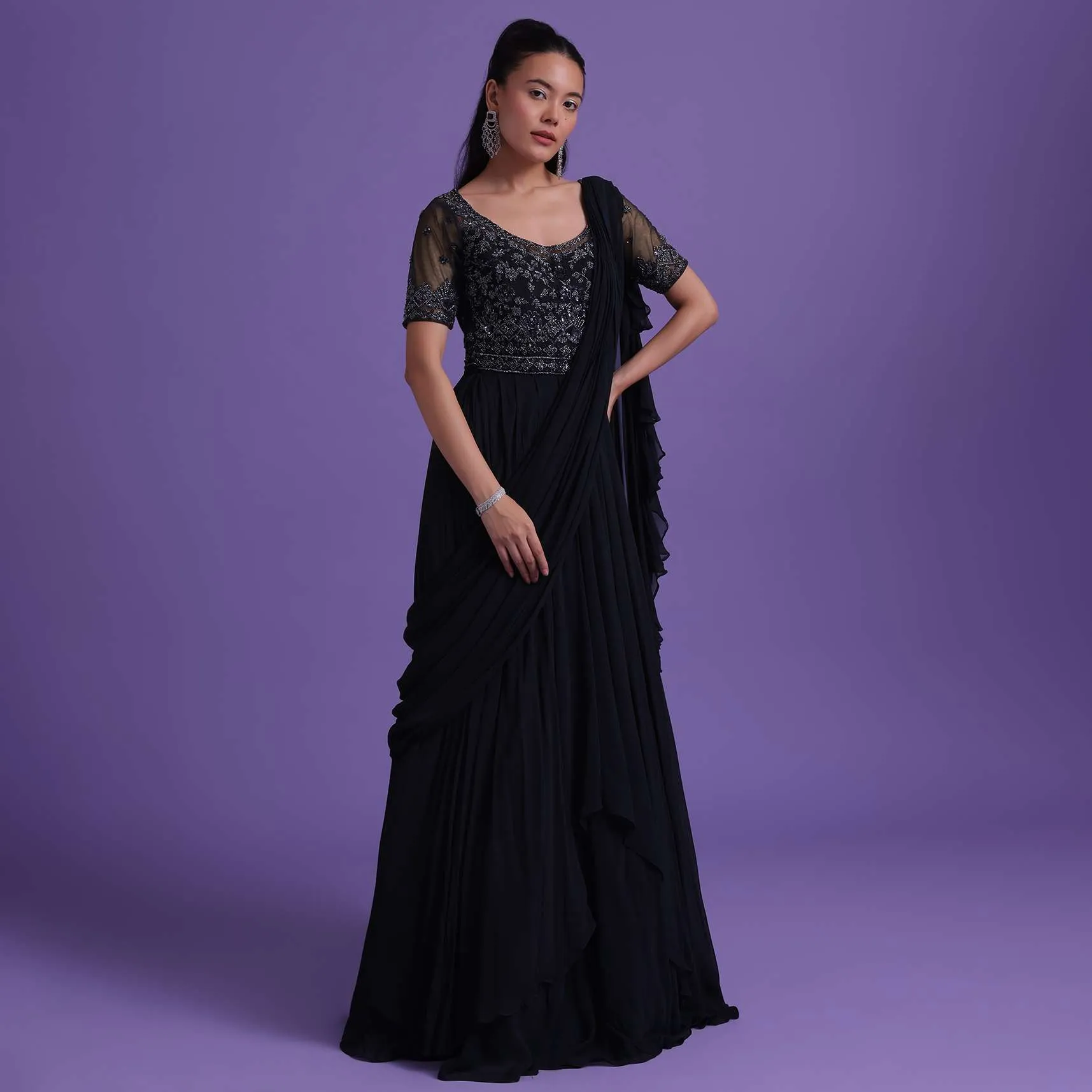 Navy Blue Cut Dana Embroidered Gown With Attached Drape In Georgette