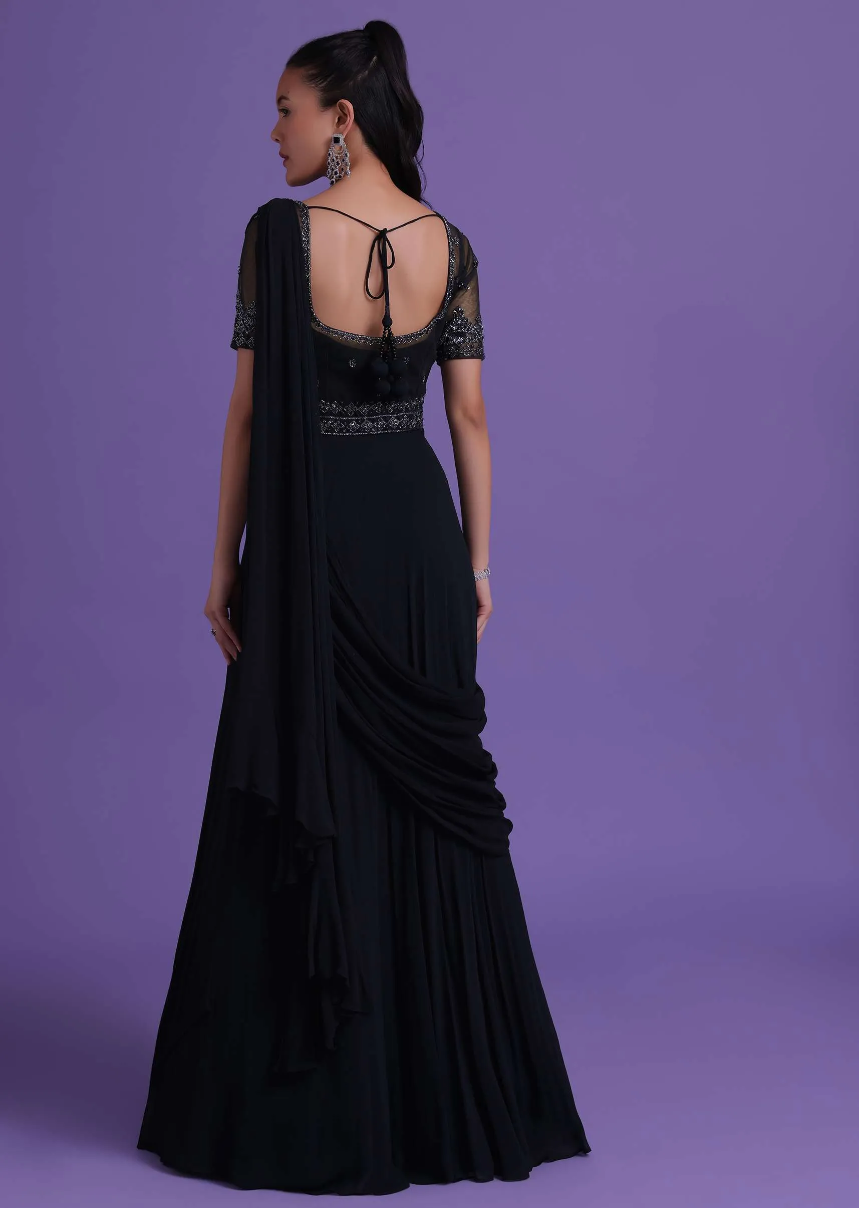 Navy Blue Cut Dana Embroidered Gown With Attached Drape In Georgette