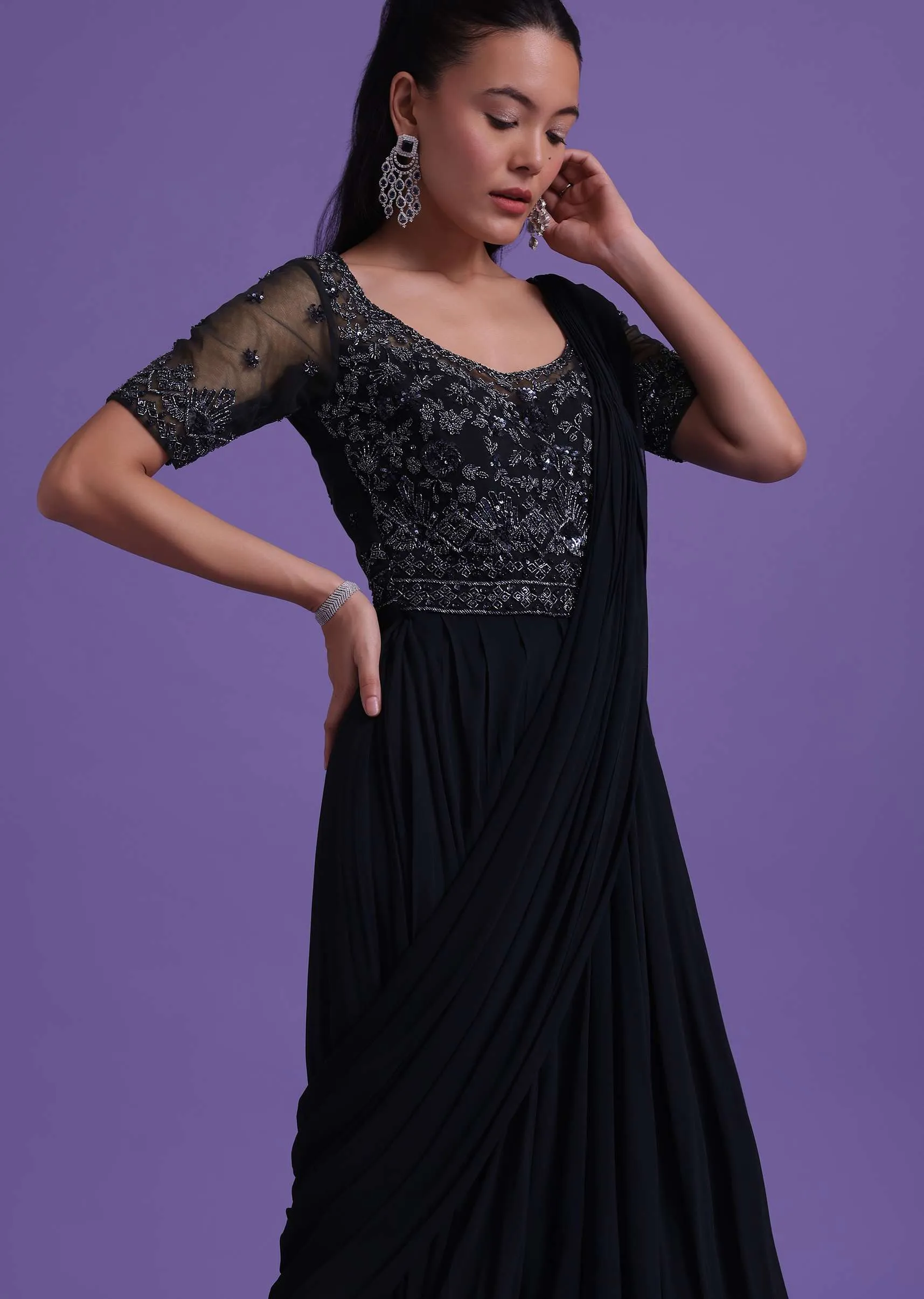 Navy Blue Cut Dana Embroidered Gown With Attached Drape In Georgette