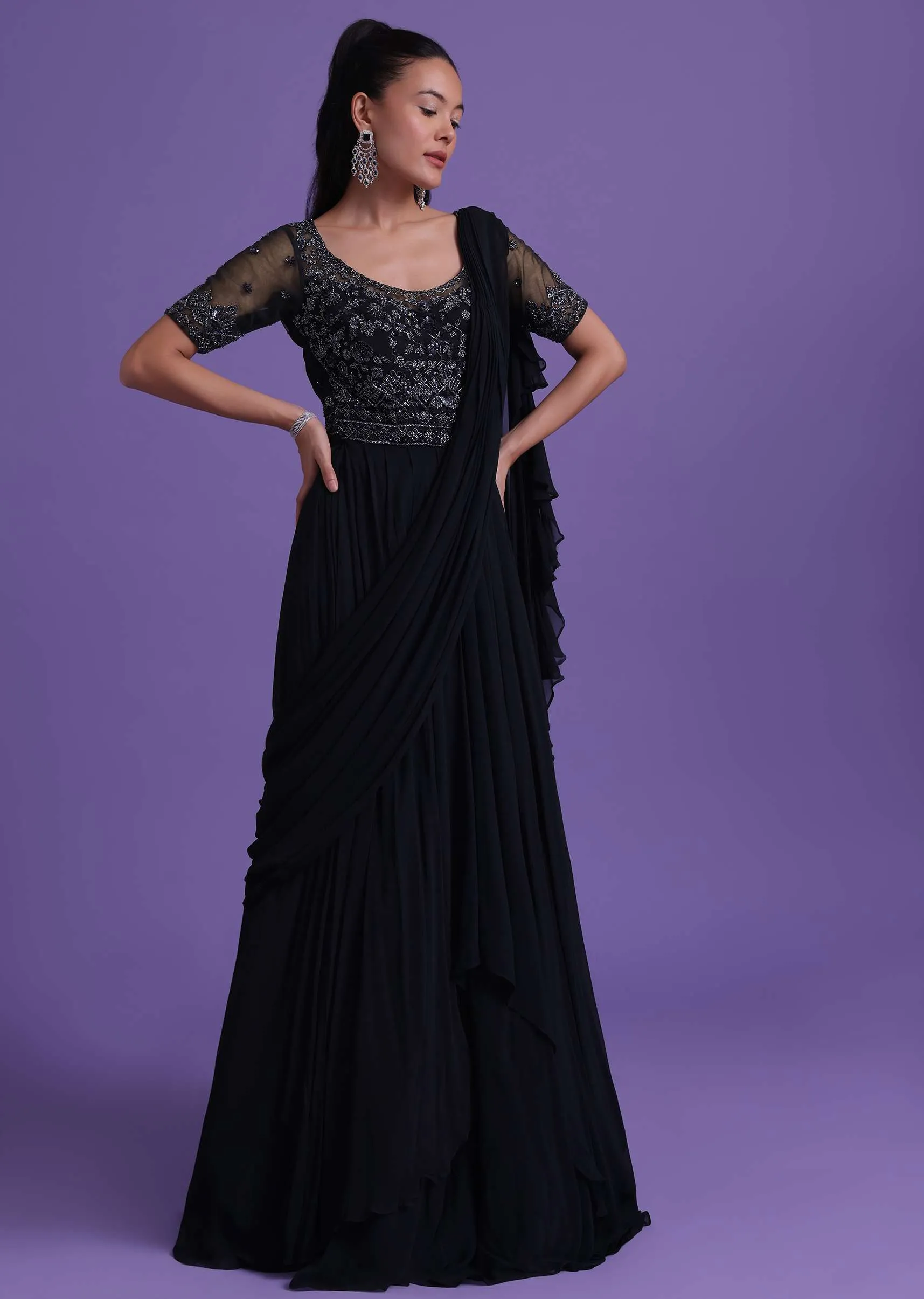 Navy Blue Cut Dana Embroidered Gown With Attached Drape In Georgette
