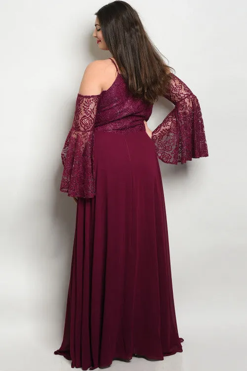 Plum Lace Bell Sleeve Plus Size Ball Gown
