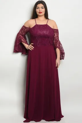 Plum Lace Bell Sleeve Plus Size Ball Gown