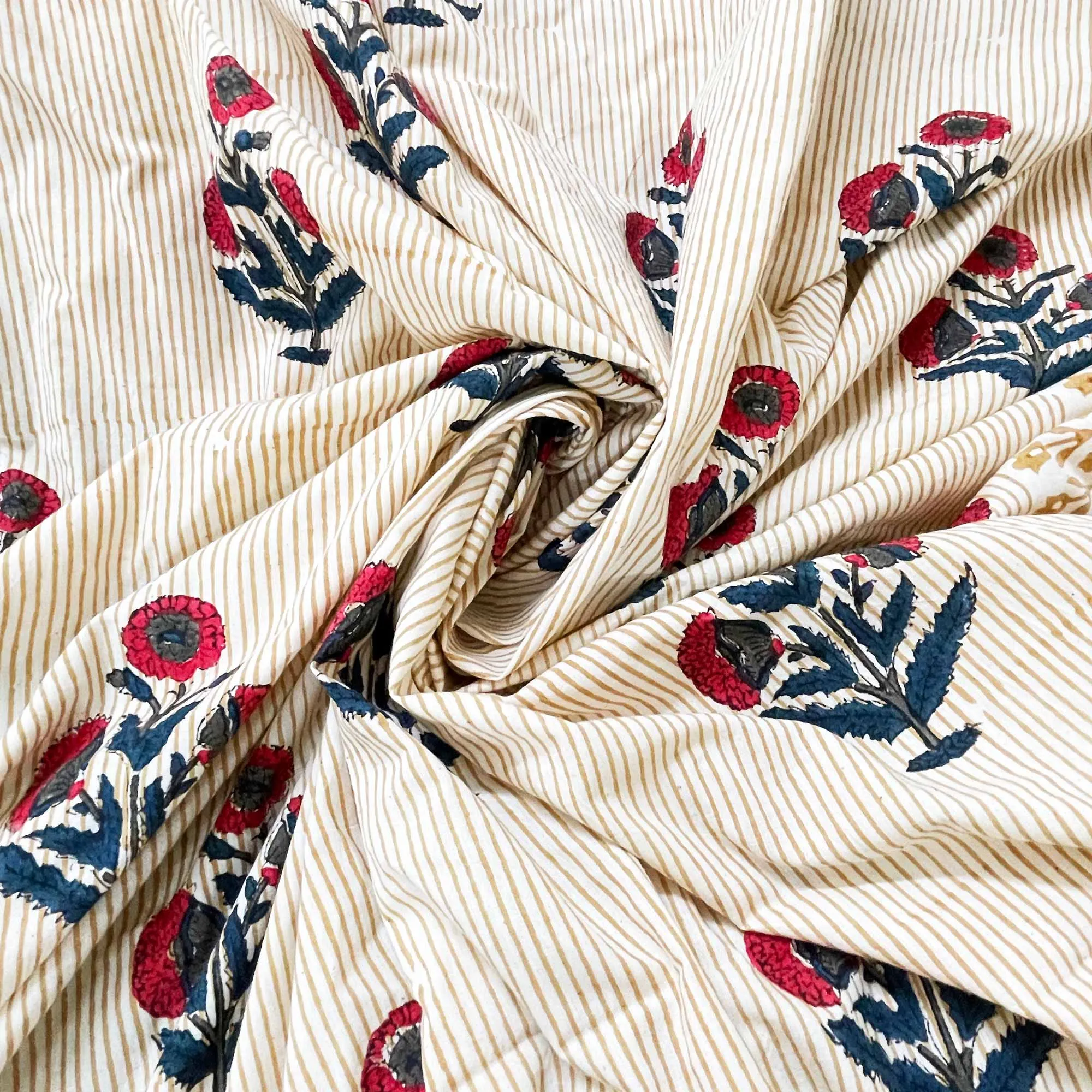 Red and Blue Poppy Organic Cotton Fabric