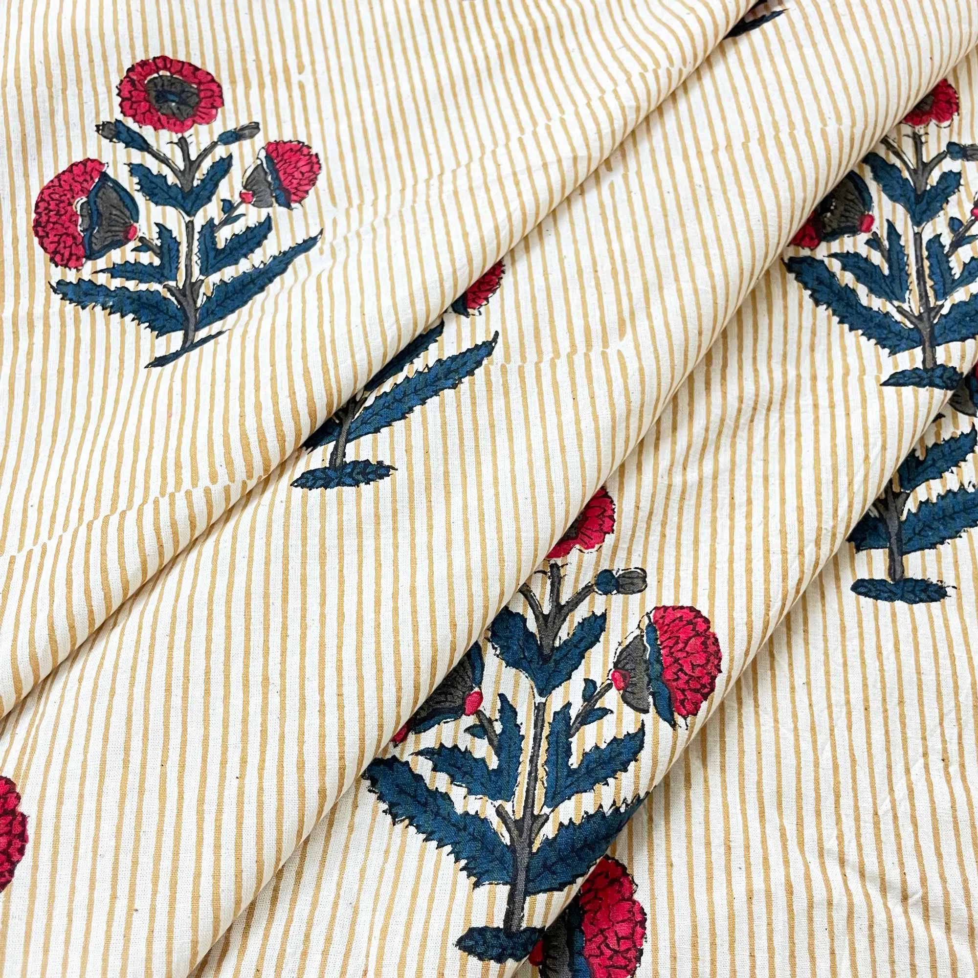 Red and Blue Poppy Organic Cotton Fabric