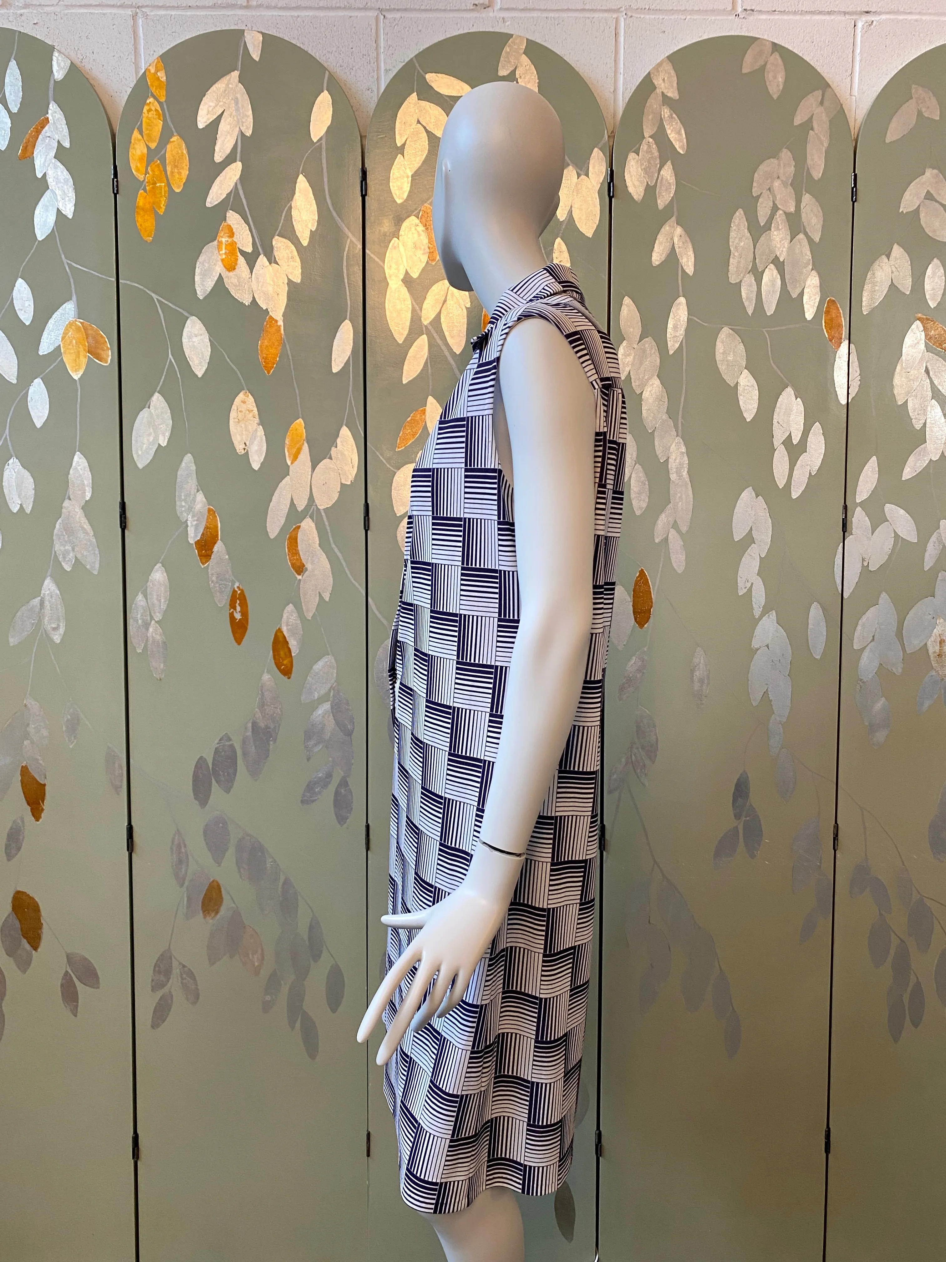 Vintage 1970s Blue & White Graphic Grid Print Shift Shirt Dress, Large